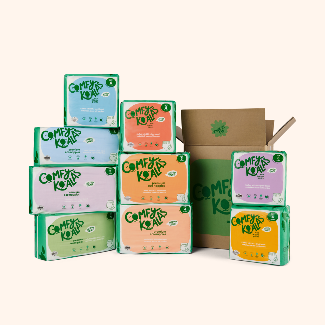 Comfy Koalas eco-friendly baby nappy pants and wipes, with cardboard box and new product label.