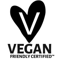 'Vegan Friendly Certified logo with a heart and the letter 'V'.'