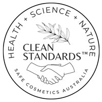 Circular logo for Safe Cosmetics Australia with text 'Clean Standards' and two shaking hands.