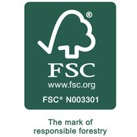 'FSC logo with the text 'The mark of responsible forestry' and FSC website address.'