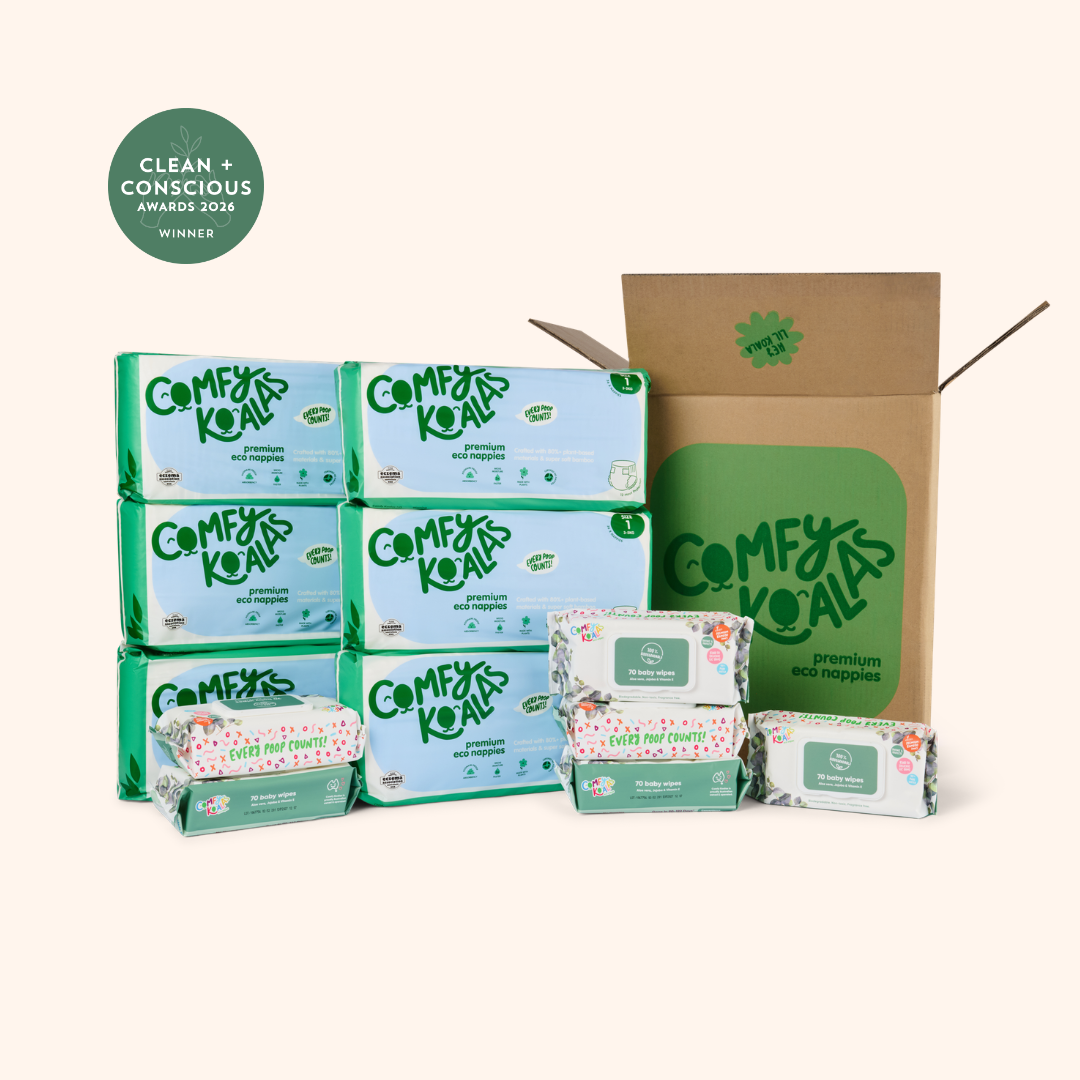 Comfy Koalas eco-friendly baby nappy pants and wipes, with cardboard box and new product label.