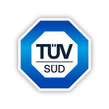 Blue TÜV SÜD certification logo in a white hexagon.